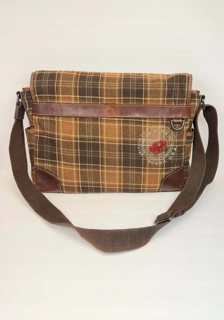 Fossil Field Sports Dept. No. 14587 Plaid Wool and Leather Messenger Laptop Bag